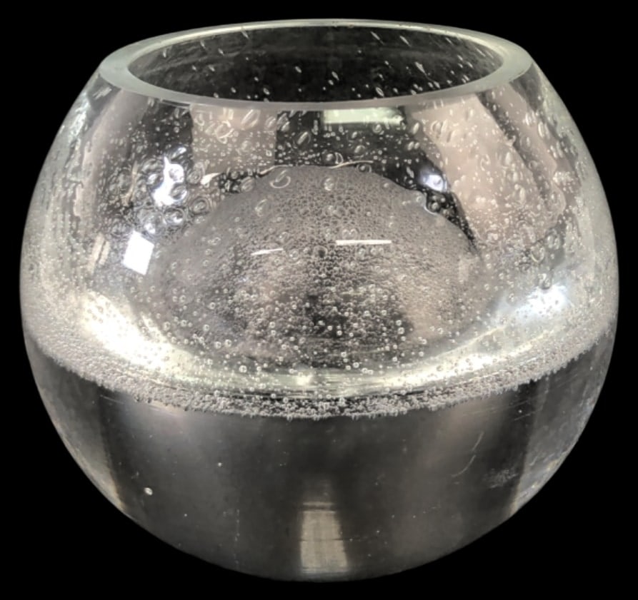 Murano Style Double Layer Bubble Glass Vessel: Murano style transparent double layer glass vessel, noted for use with perfume or as an art object. Features a thick-walled spherical form with an internal layer of dense bubbles encased in clear