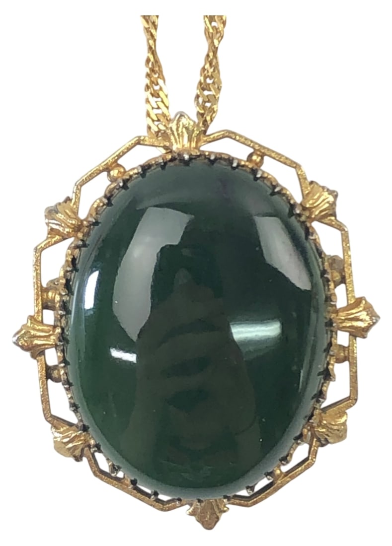 Alice Caviness Sterling Green Stone Necklace: Vintage Alice Caviness necklace featuring a large oval green cabochon stone set in gold-washed sterling silver. The ornate pendant features pin hardware on the back, indicating use as a brooch, and
