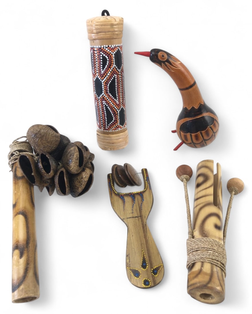 Handmade Wooden Percussion Instrument Lot of 5: Lot of 5 handmade and hand-painted wooden percussion instruments from Indonesia, Peru, the Philippines, and Hawaii. Includes a dot-painted bamboo rainstick, a bird-shaped gourd shaker, a seed pod ratt