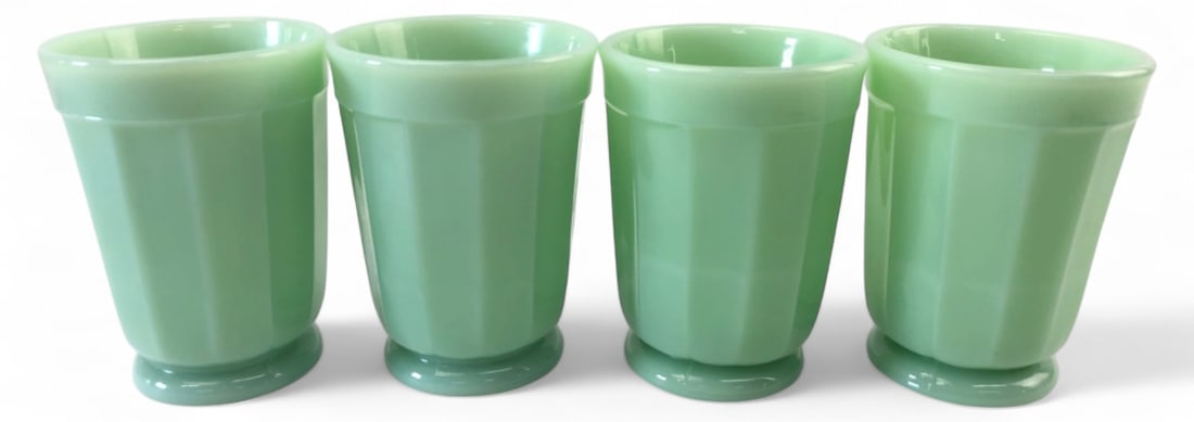 VTG Moser Panel Jadeite Flat Tumblers: Set of 4 vintage Moser panel pattern jadeite glass flat tumblers. Each holds 6oz and measures 4" H. Features a paneled body design with a starburst motif on the base. Unmarked. Good condition with no 