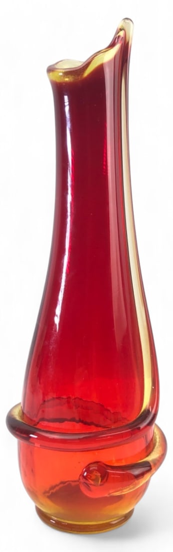 MCM UV Glow Kanawha Glass Swung Vase: Mid-Century Modern swung art glass vase by Kanawha. Features a vibrant red, orange, and yellow gradient with an applied glass wrap detail near the base. The base and rim are UV reactive, glowing under