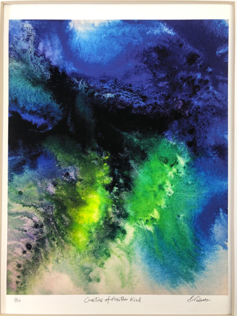 Signed Creations of Another Kind Lithograph: Matted limited edition lithograph titled "Creations of Another Kind". Abstract composition in vibrant blues and greens. Pencil signed lower right, titled lower center, and numbered 1/30 lower left.