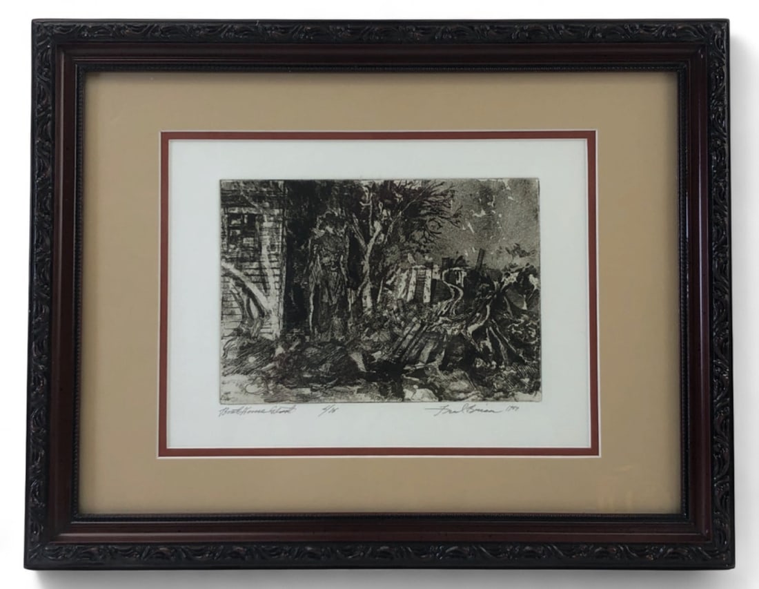 Fred Brian "Boat House Ghost" Etching 6/15: Framed etching titled "Boat House Ghost" by Fred Brian. Pencil signed and dated 1989 in the lower right margin. Numbered 6/15 in the lower left. Features a dark, textured landscape scene with a