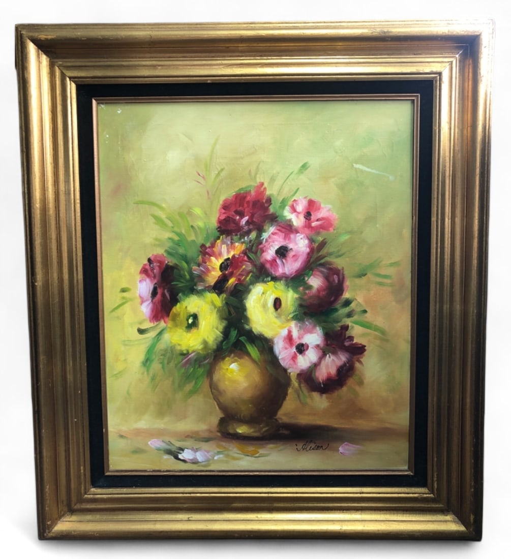 Alison Signed Floral Still Life Oil Painting: Floral still life oil on canvas painting featuring vibrant blooms in a gold-tone vase. Signed "Alison" lower right. Housed in a gold-painted wood frame stamped "Hecho en Mexico". Back retains an