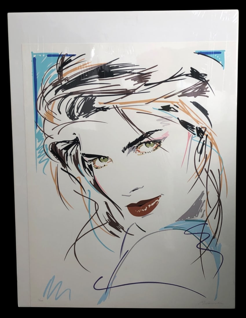 Mirage Editions 1988 Female Portrait Print 1/350: Limited edition print featuring a stylized female portrait, published by Mirage Editions in 1988. Pencil signed by the artist (signature partially legible) and numbered 1/350. Features a blind stamp