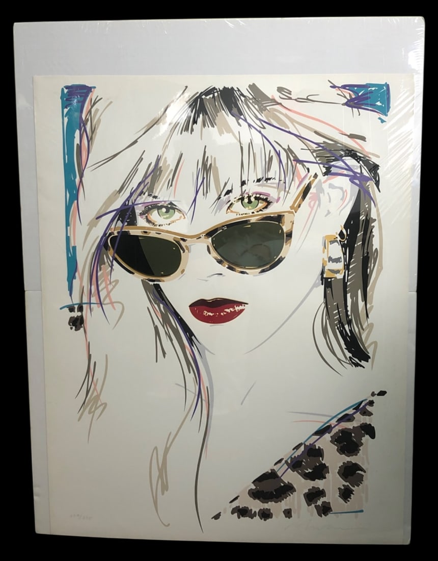 Dennis Mukai Mirage Editions Print 30x40: Limited edition print attributed to Dennis Mukai, published by Mirage Editions (1990). Features a stylized portrait of a woman with sunglasses and leopard print. Pencil signed lower right, numbered