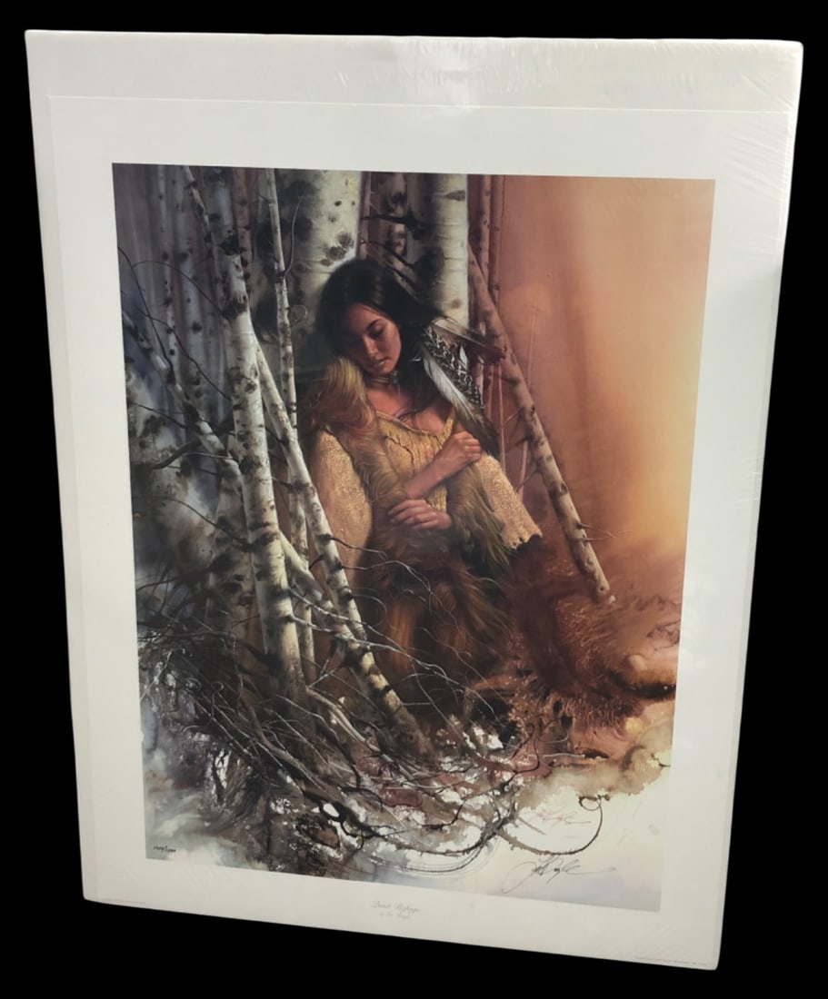 Lee Bogle "Quiet Refuge" Signed Print: Limited edition print titled "Quiet Refuge" by Lee Bogle. Depicts a Native American woman among birch trees. Pencil signed by the artist and numbered 1050/1500. Includes Certificate of Authenticity