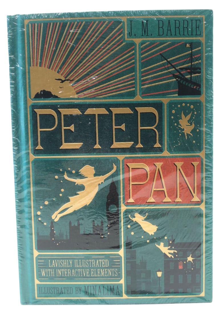 J.M. Barrie Peter Pan MinaLima Edition Sealed: Hardcover interactive gift edition of J.M. Barrie's Peter Pan, illustrated by design studio MinaLima. Features ten exclusive 3-D interactive elements including a foldout map and croc clock. Published 