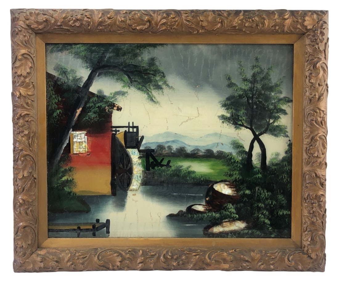 Reverse Painted Glass Mill Scene w/ Pearl Inlay: Unsigned reverse painting on glass depicting a mill house landscape with a water wheel. Features iridescent mother-of-pearl inlay detailing the window, wheel, and water reflections. Housed in an