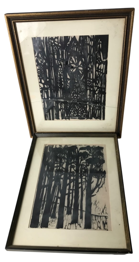 Stefan Martin Original Woodcut Prints, Pair: Pair of original woodcut prints by American artist Stefan Martin (1936–1994), dated 1962. The works feature abstract forest and architectural motifs, both signed and numbered by the artist. Framed
