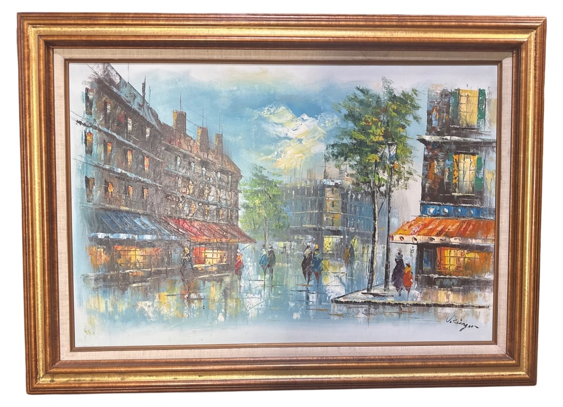 Signed Impressionist Street Scene Painting: Impressionist style oil on canvas depicting a rainy European street scene with figures, utilizing heavy impasto palette knife techniques. Signed lower right (appears to read V. Singer). Housed in a