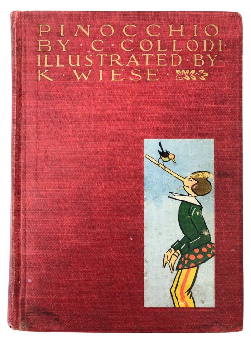 1928 Pinocchio by C. Collodi Illustrated K. Wiese: 1928 hardcover edition of Pinocchio by C. Collodi, illustrated by K. Wiese and published by Thomas Nelson and Sons. Red cloth binding with cover illustration. Features color frontispiece and