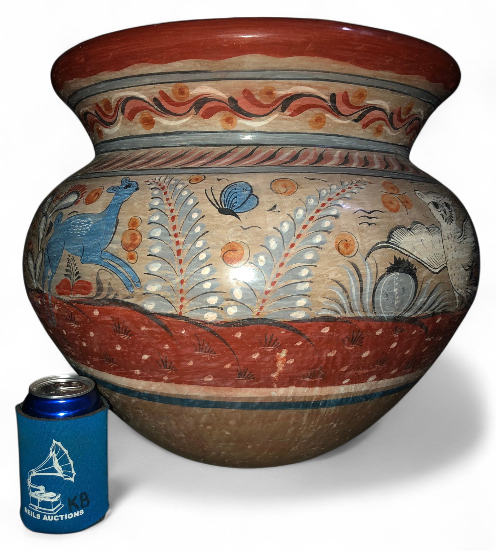 VTG XL El Palomar Tonala Pottery Planter: Vintage Mexican Tonala pottery planter by El Palomar studio. Hand-painted earthenware features owl, deer, bird, and cactus motifs in earth tones with terracotta borders. Base bears the 1960s rabbit st