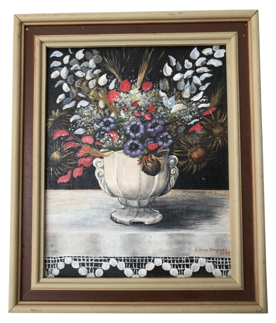Lorna Bergman, 'White Vase' Acrylic Painting, 1978: Original acrylic painting on canvas board by Lorna Bergman, dated 1978. The work depicts a floral arrangement in a white vase resting on a lace-trimmed surface. Framed. Dimensions: 10" x 12".