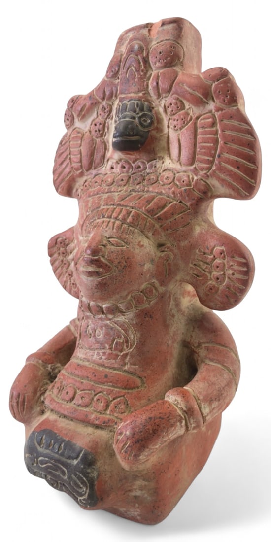 VTG Mexican Terracotta Zapotec Style Deity Statue: Vintage terracotta Zapotec style deity statue made in Mexico. Features an elaborate headdress with a bird motif, large ear spools, and dark painted accents. Hollow construction. Marked "MEXICO" incise