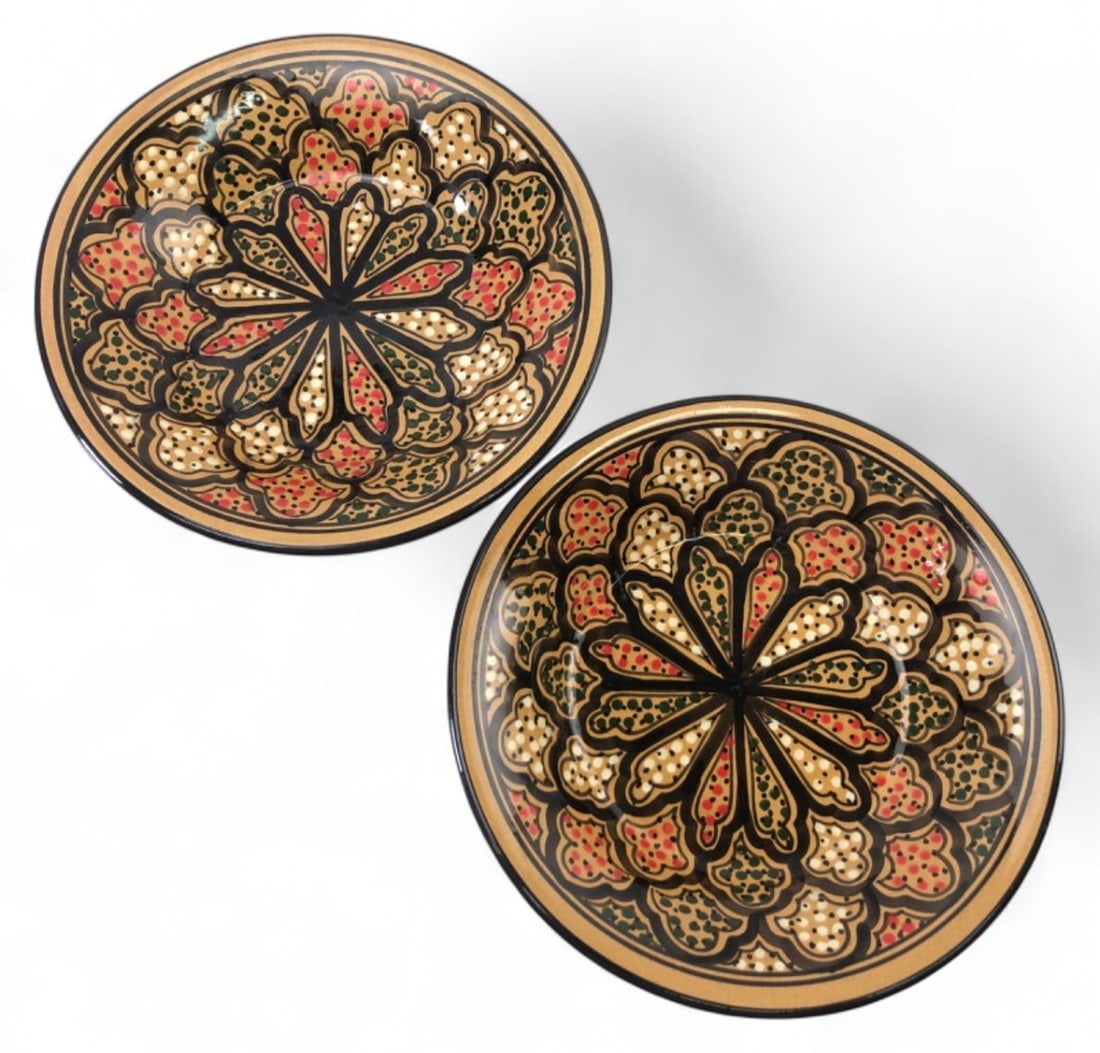 Pr. Le Souk Ceramique Honey Mosaic Bowls: Pair of hand-painted ceramic shallow bowls by Le Souk Ceramique, made in Tunisia. Features the Honey mosaic pattern with intricate geometric and floral designs in earth tones, red, and green. Marked o
