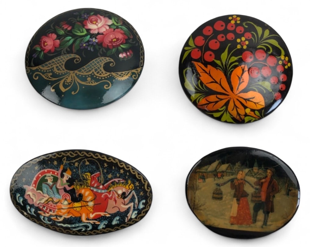 4 Russian Lacquer Miniature Painted Brooches (1 of 4)