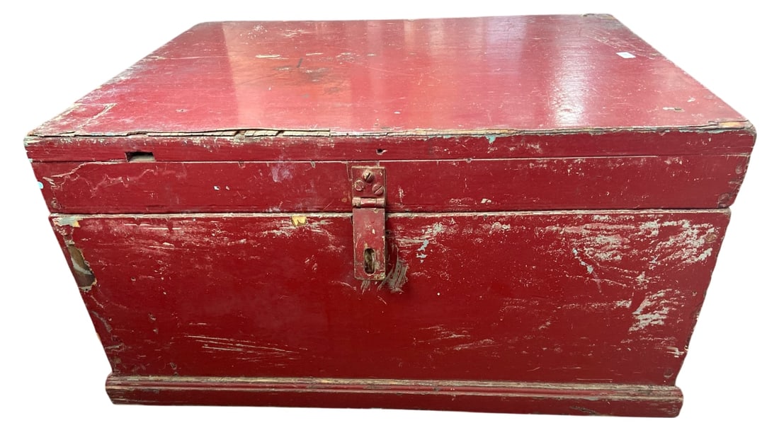 Edison F.J. Bayley Wooden Storage Box: Early 20th-century wooden storage box featuring the Edison trademark script and 'From F.J. Bayley Detroit, Mich.' stenciled on the interior lid. Red painted exterior shows heavy wear, scratches, and p