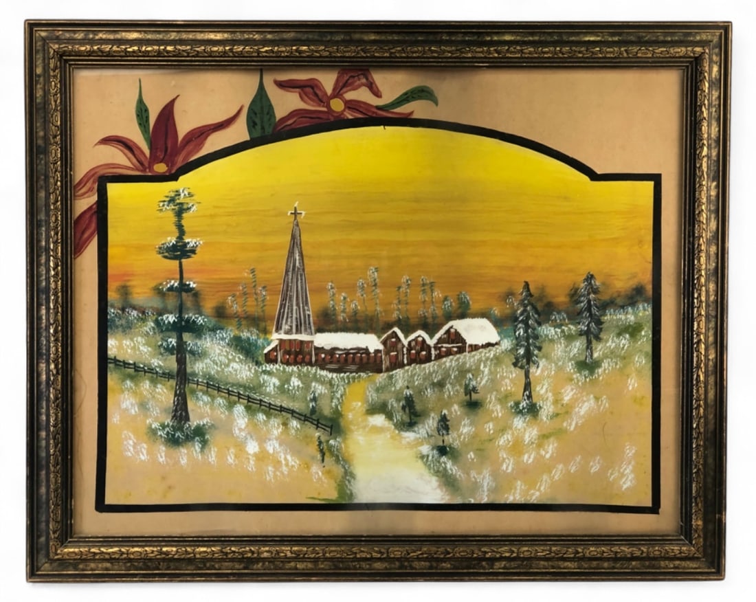Framed Original Folk Art Winter Church Landscape: Original folk art winter landscape featuring a tall-steepled church and snow-covered pines against a yellow sky, with painted floral accents. Unsigned. Housed in an ornate gold-tone frame under glass.