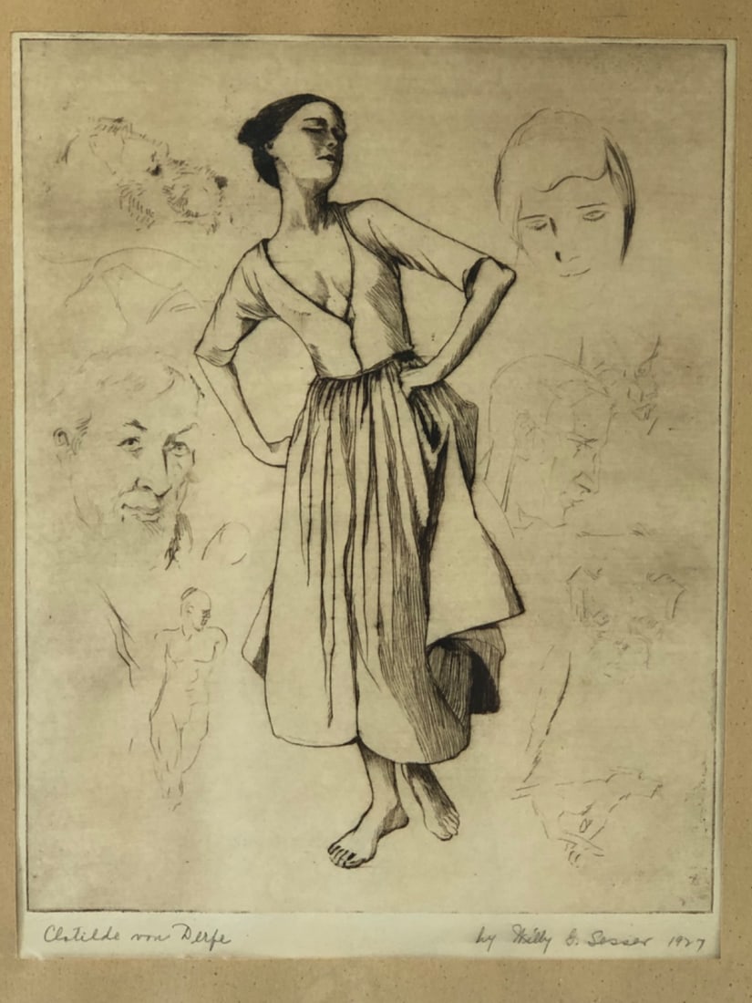 Willy G. Sesser Signed Etching 1927: Framed etching by Willy G. Sesser depicting dancer Clotilde von Derp, surrounded by portrait sketches. Pencil signed 'by Willy G. Sesser 1927' and titled 'Clotilde von Derfe'. Visible plate mark.