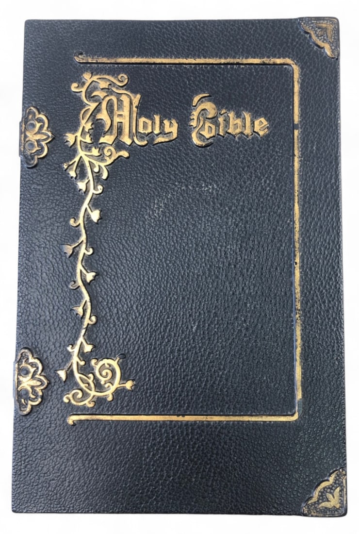 VTG Metal Holy Bible Music Box With Bible: Vintage metal music box designed as a large Holy Bible, featuring a textured black finish and gold-tone ornate lettering. Opens to a purple velvet-lined interior holding a 1973 New American Standard