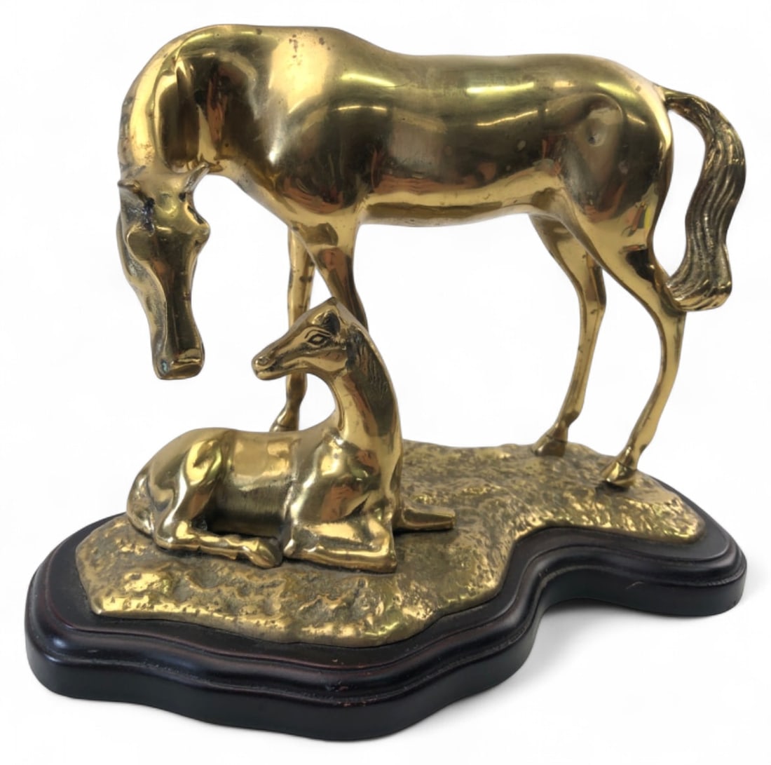 Brass Mare and Foal Statue on Wood Base (1 of 6)