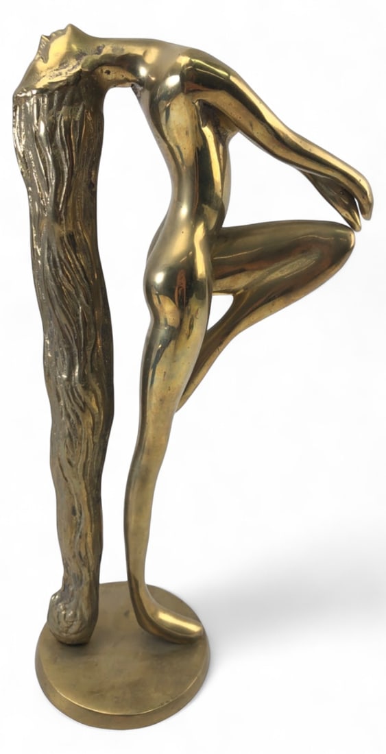 15H Brass Stylized Female Nude Sculpture: Stylized brass sculpture of a nude female figure leaning backward, supported by her long flowing hair. Unmarked. Features smooth, elongated curves typical of Mid-Century Modern or Art Deco revival sty