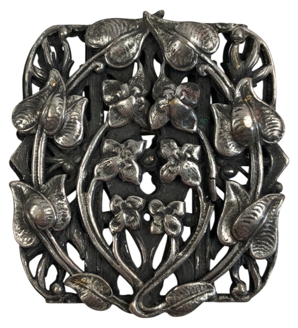 Vintage Silver-Tone Pierced Floral Brooch: Vintage silver-tone metal brooch featuring a pierced square design with stylized floral and leaf motifs in the Arts & Crafts style. The reverse features a standard pin clasp. Unmarked. Shows typical s