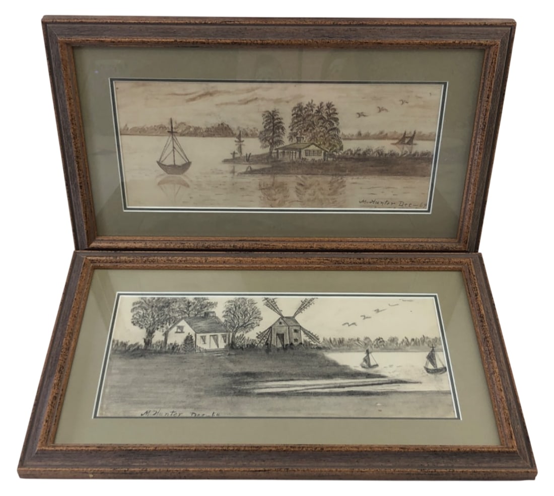 M. Hunter Pair of Framed Landscape Drawings 1964 (1 of 6)