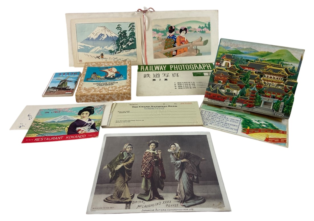 Mixed Lot Japanese Mid-Century Ephemera: Mixed lot of Japanese mid-century ephemera. Includes a Nikko Panorama pop-up book, Railway Photograph Series 2 booklet with train photos, Kyoto Hanga-In Co. woodblock greeting cards, Chase National Ba