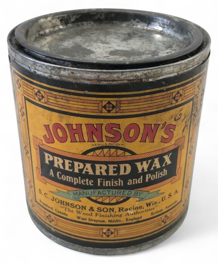 Vintage Johnson's Prepared Wax 1 lb Tin: Vintage 1 lb tin of Johnson's Prepared Wax by S.C. Johnson & Son, Racine, Wis. Features yellow, black, and red lithographed labeling with directions and product lists. Metal construction with pry-off 