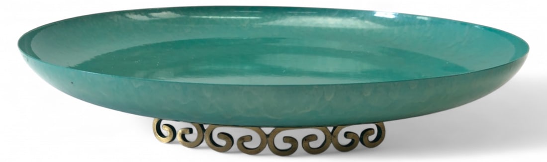 Kyes Moiré Glaze Enameled Tray 12.5 Dia: Kyes handmade enameled tray featuring a teal green Moiré Glaze over a textured surface. The shallow bowl rests on a decorative brass-toned scrollwork base. Original foil label reads 'Moiré Glaze