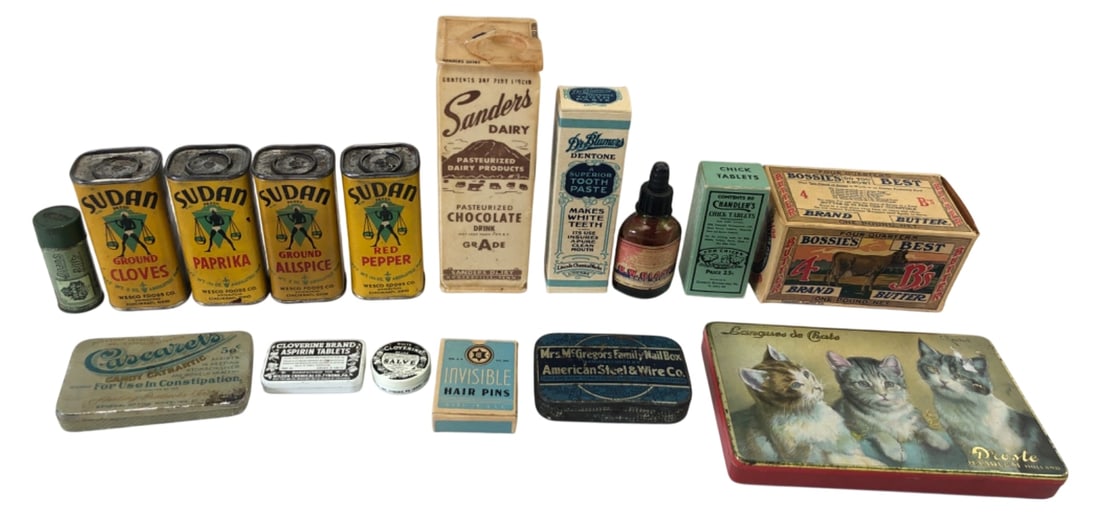 VTG Mixed Advertising Tins & Packaging Lot: Mixed lot of vintage advertising tins and packaging. Includes Sudan Brand spices, Bossie's Best Butter carton, Droste kitten tin, Cascarets, Cloverine, Dr. Blumer's Dentone, Sanders Dairy carton, and