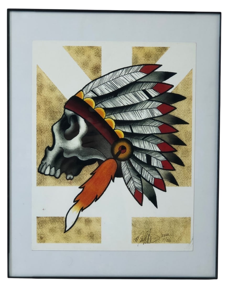 Signed Limited Edition Tattoo Flash Art Print: 2013 signed limited edition tattoo flash art print featuring a skull with an Indigenous American headdress. Framed under glass. Signed by the artist, dated 2013, and numbered 11/20 in the lower right