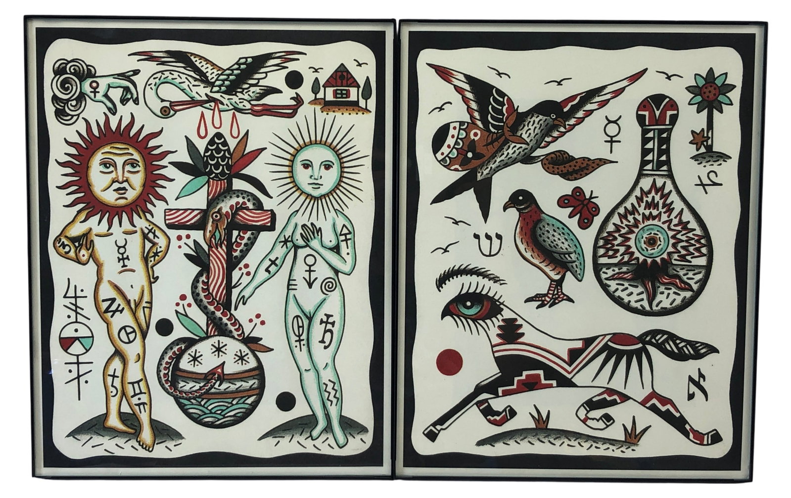 Henry Hublak Tattoo Flash Art Prints, Pr.: Pair of Henry Hublak tattoo flash art prints, including 'Liber Mystia III' and another esoteric design. Both feature traditional tattoo motifs with mystical and occult symbolism. Housed in black