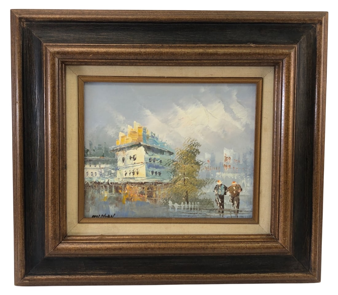 VTG Signed Morgan Impressionist Oil Painting: Vintage impressionist style oil on canvas painting signed "Morgan" in the lower left. Features a textured landscape or cityscape scene with figures and buildings. Housed in a tiered wood frame.