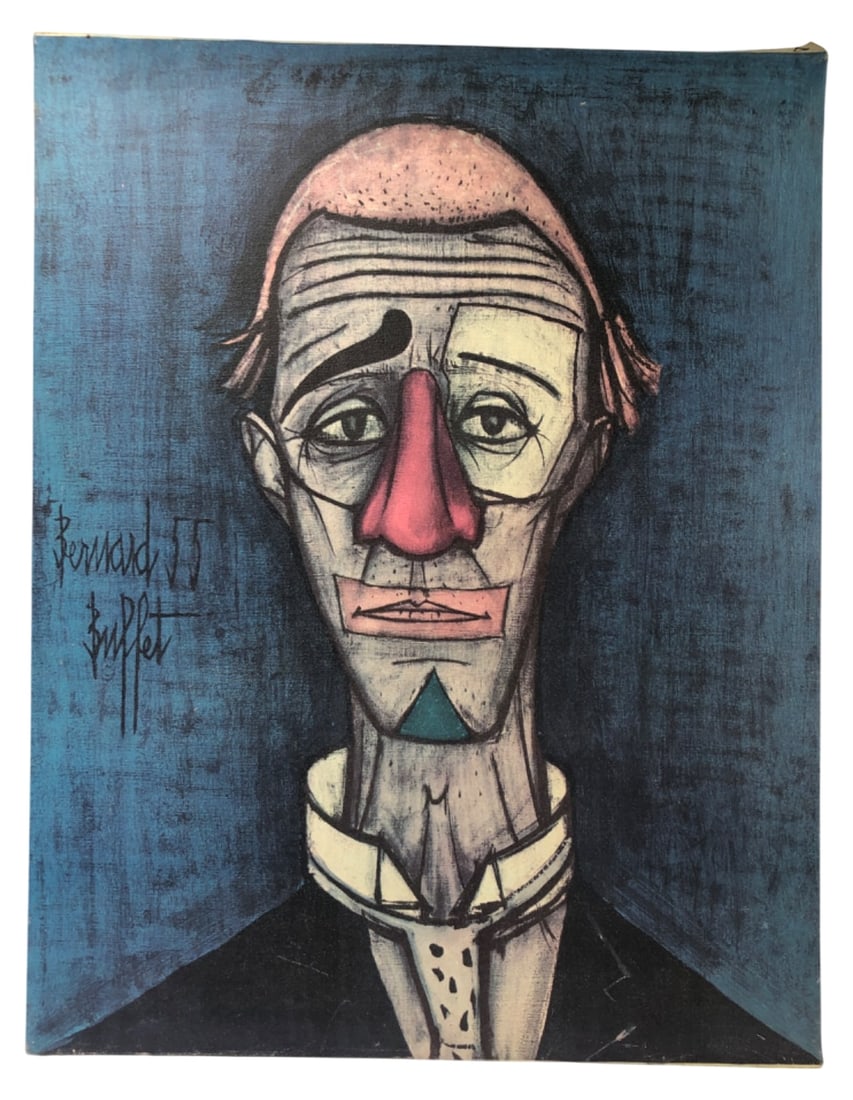 VTG Bernard Buffet Tete de Clown Canvas Print: Vintage reproduction print on canvas of Bernard Buffet's iconic 1955 expressionist "Tete de Clown". Features the classic sad clown portrait with a red nose against a blue background. Bears printed
