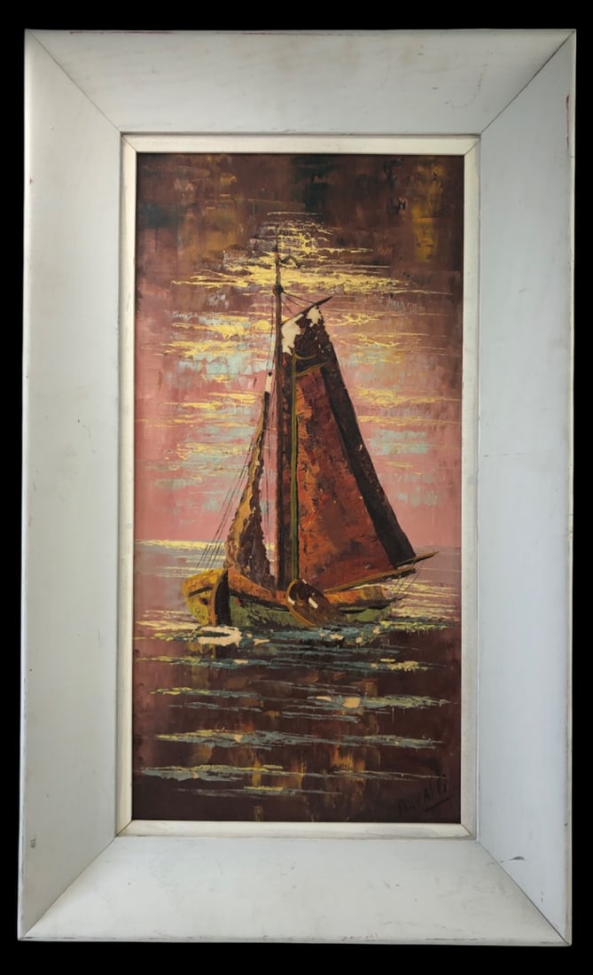Arthur Duvalle Signed Oil On Canvas Sailboat: Original mid-20th century oil on canvas painting by Arthur Duvalle depicting a sailboat at sunset. Features heavy impasto palette knife technique in warm earth tones. Signed "Duvalle" lower right.