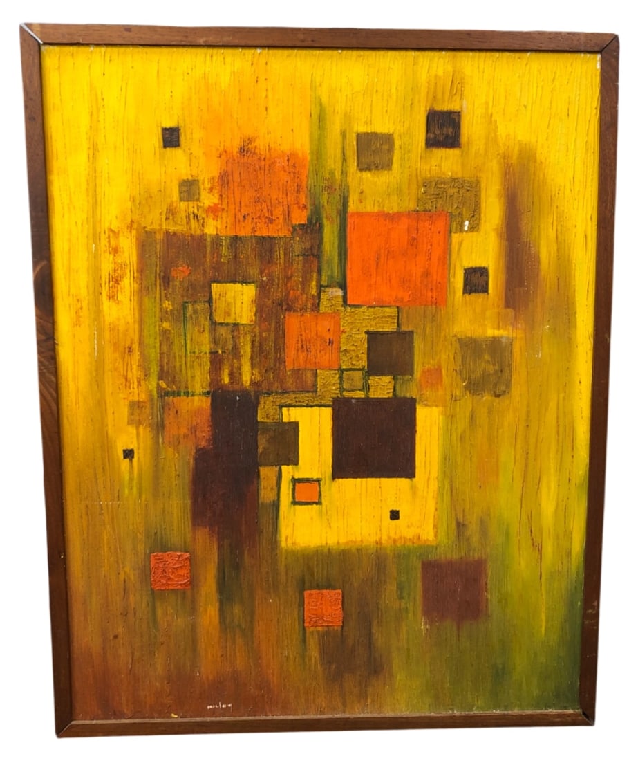 VTG Leroy Betzhold Abstract Oil on Canvas: Vintage abstract oil on canvas attributed to Leroy Betzhold (purchased from family). Features geometric squares in yellow, orange, and brown with heavy impasto texture. Housed in a handmade wood