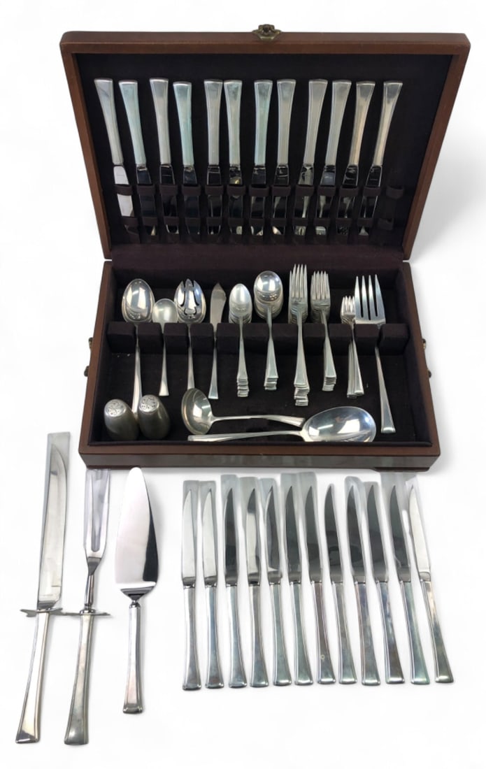 Fine Arts Sterling Silver 96pc Flatware Set: 96pc Fine Arts Sterling silver flatware set in fitted wooden case. Features a sleek, unadorned mid-century design. Includes knives, forks, spoons, serving pieces, and salt & pepper shakers. Marked Fin