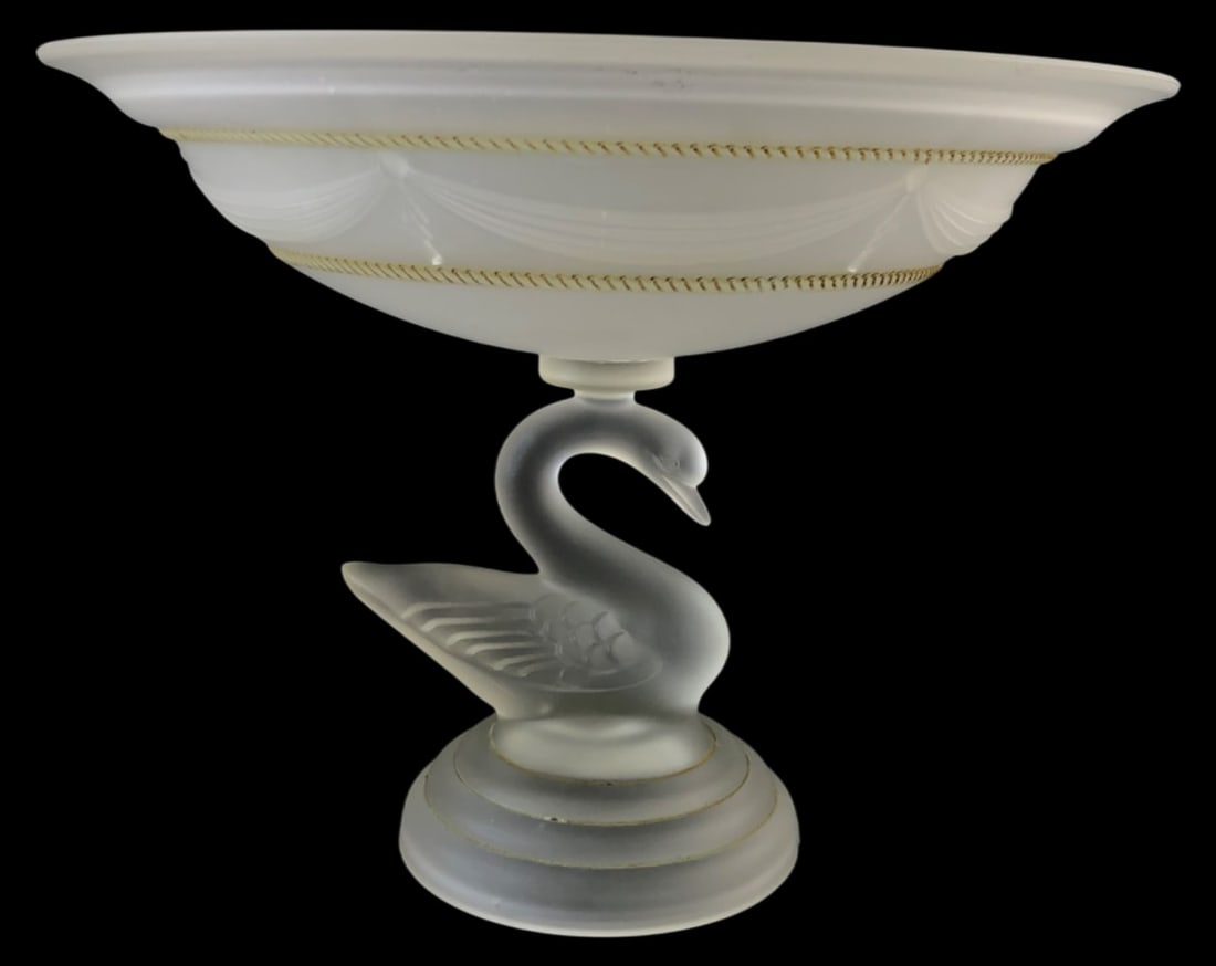 Murano Frosted Glass Swan Pedestal Bowl: Frosted glass centerpiece bowl on a swan pedestal base. Features gold gilt swag and rope motifs around the bowl and tiered base. Retains original clear label reading "Vetro Eseguito Secondo La Tecnica