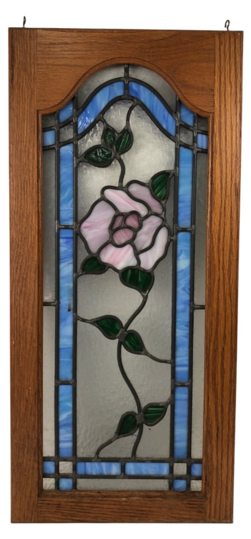 Framed Leaded Stained Glass Rose Panel 28x13 (1 of 4)