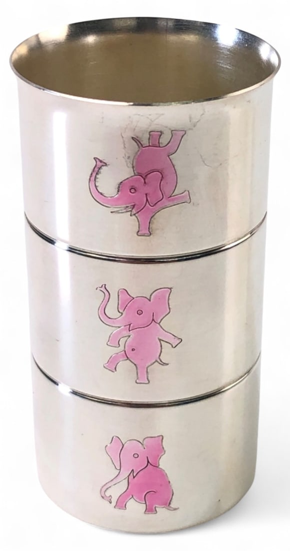 Gorham Silverplate Pink Elephant Baby Cup 3" H: Gorham silverplate baby cup featuring three pink enameled elephants in playful poses around the exterior. Marked "Gorham EP YC80" with anchor shield on base. Measures 3" H. Shows minor surface wear an