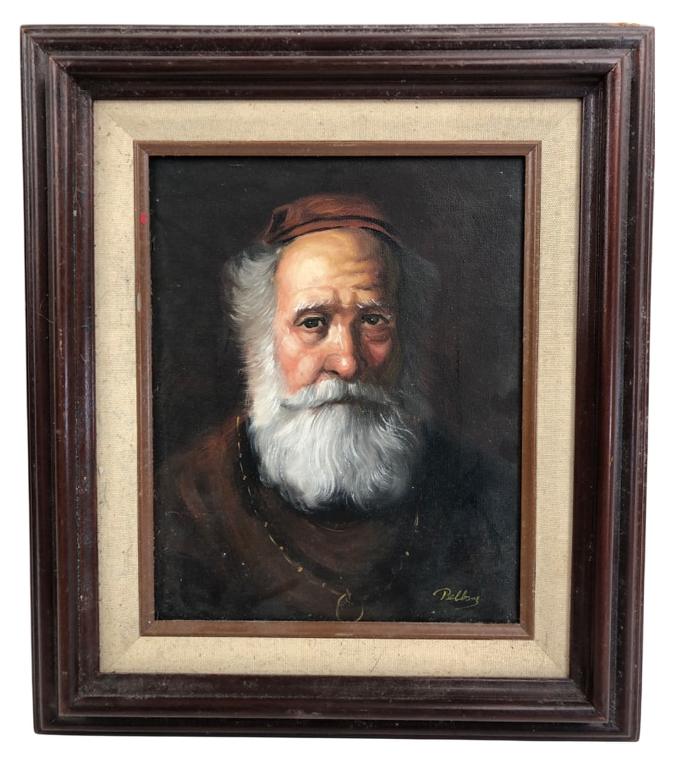 David Pelbam Oil on Canvas Portrait: Framed oil on canvas portrait of an older bearded man by David Pelbam. Features a dark wood frame with a linen liner. Signed "Pelbam" lower right. Frame back stamped "MADE IN MEXICO". Measures 13x16".