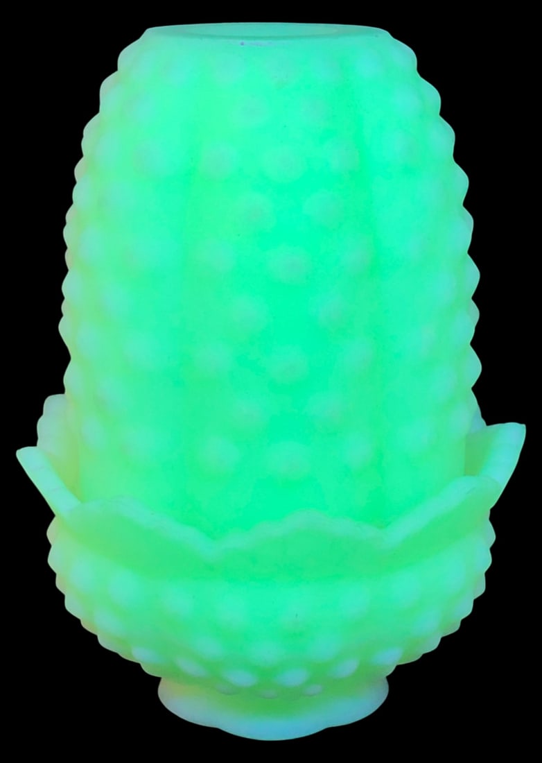 VTG Fenton Custard Glass Hobnail Fairy Light: Vintage 2-piece fairy light by Fenton. Crafted from satin custard glass featuring a classic hobnail pattern. Glows bright green under UV light, indicating uranium content. Base retains original "Authe