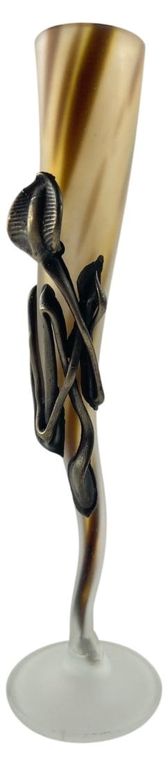 Romanian Style Art Glass Vase with Metal Accent: Romanian style hand-blown art glass vase featuring a tall slender flute shape with a frosted base transitioning to an amber and brown swirl pattern. Adorned with a cast metal floral accent wrapping ar