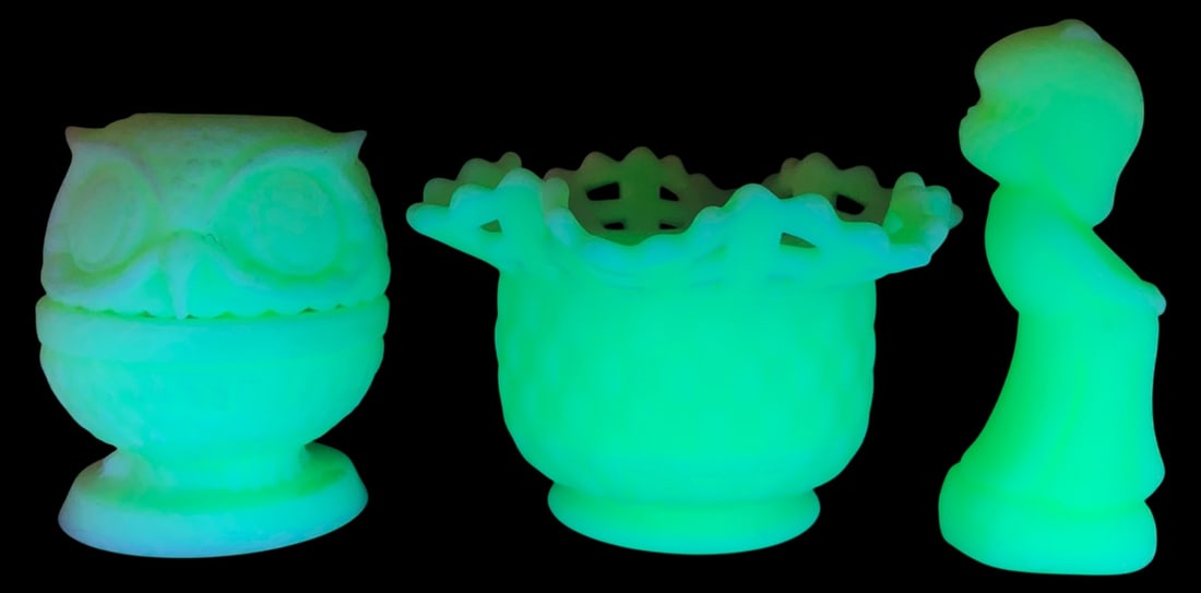 VTG Satin Custard Glass Owl, Basket & Girl Lot: Lot of 3 vintage satin custard glass items that glow bright green under UV light, indicating uranium content. Includes a 2-piece owl figure, a ruffled rim basket weave vase, and a kissing girl