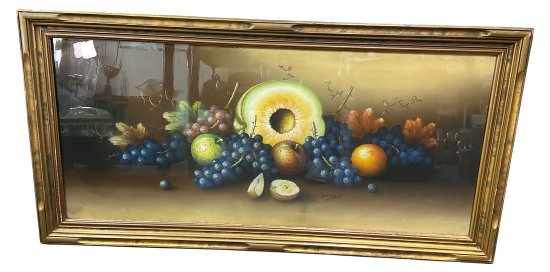 Scroggie Signed Large Pastel Fruit Still Life: Large framed pastel still life artwork depicting fruit, signed "Scroggie". Measures 44" x 22 1/2". Housed in a gold-toned wood frame with a wire hanger. Back retains a framing label from Gwizdala Art