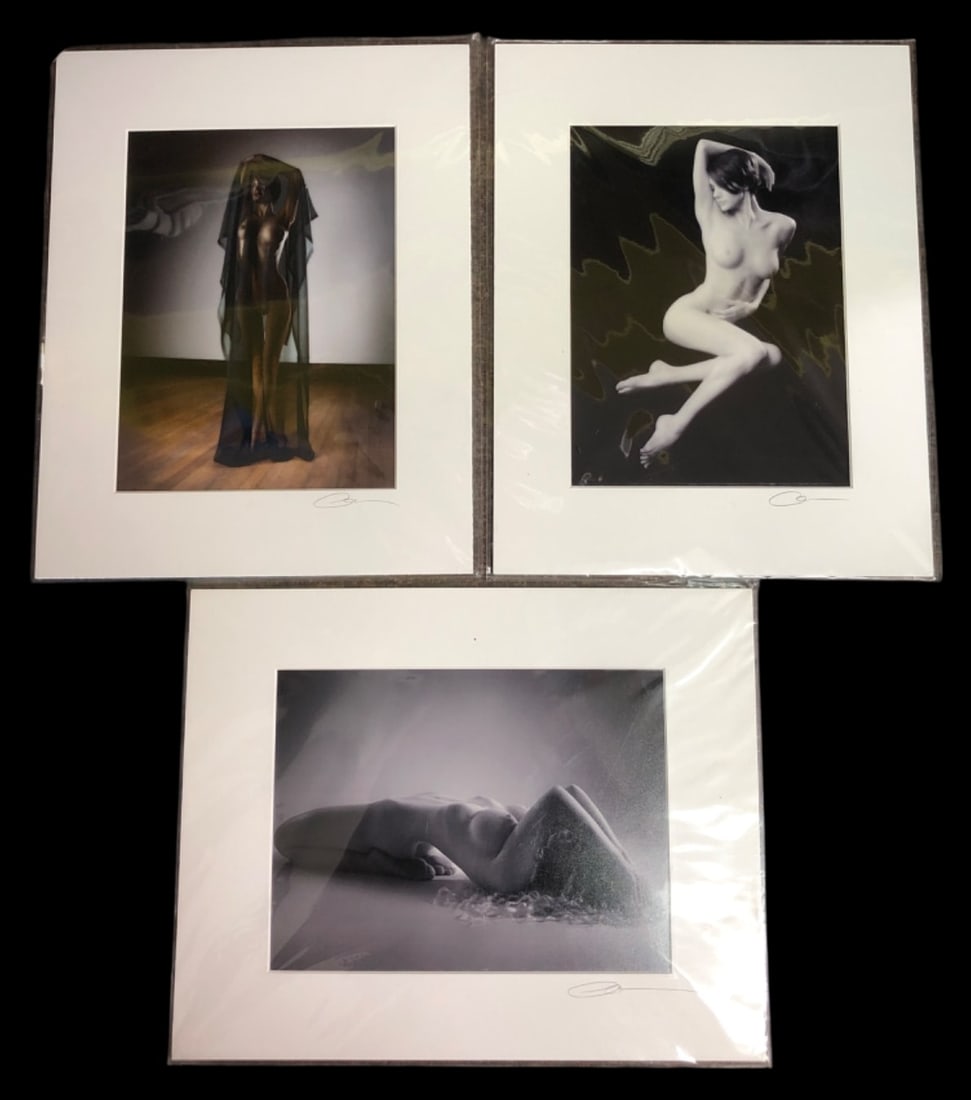 Chris Maher Signed 11x14 Matted Photographs: Set of three fine art figure photographs by Chris Maher. Each piece is matted, measures 11x14 inches, and features the artist's signature on the lower right of the mat. The lot includes titled works