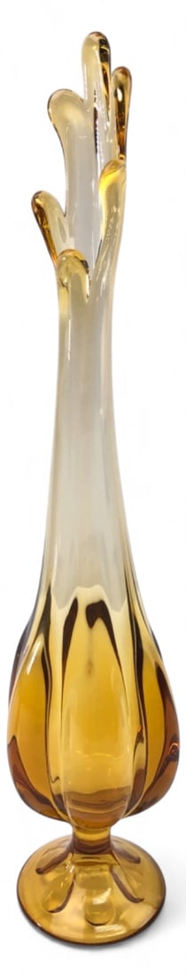 MCM Viking Glass Epic 6 Petal Swung Vase: Mid-Century Modern amber art glass swung vase by Viking Glass in the Epic 6 Petal pattern. Features an elongated, pulled neck with a multi-fingered rim and a distinctive six-petal molded base.
